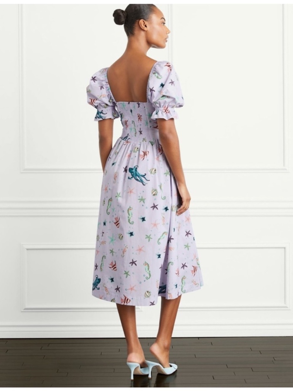 Hill House The Ophelia Nap Midi Dress Lavender Purple Fish Ocean Print Size S - Picture 2 of 9